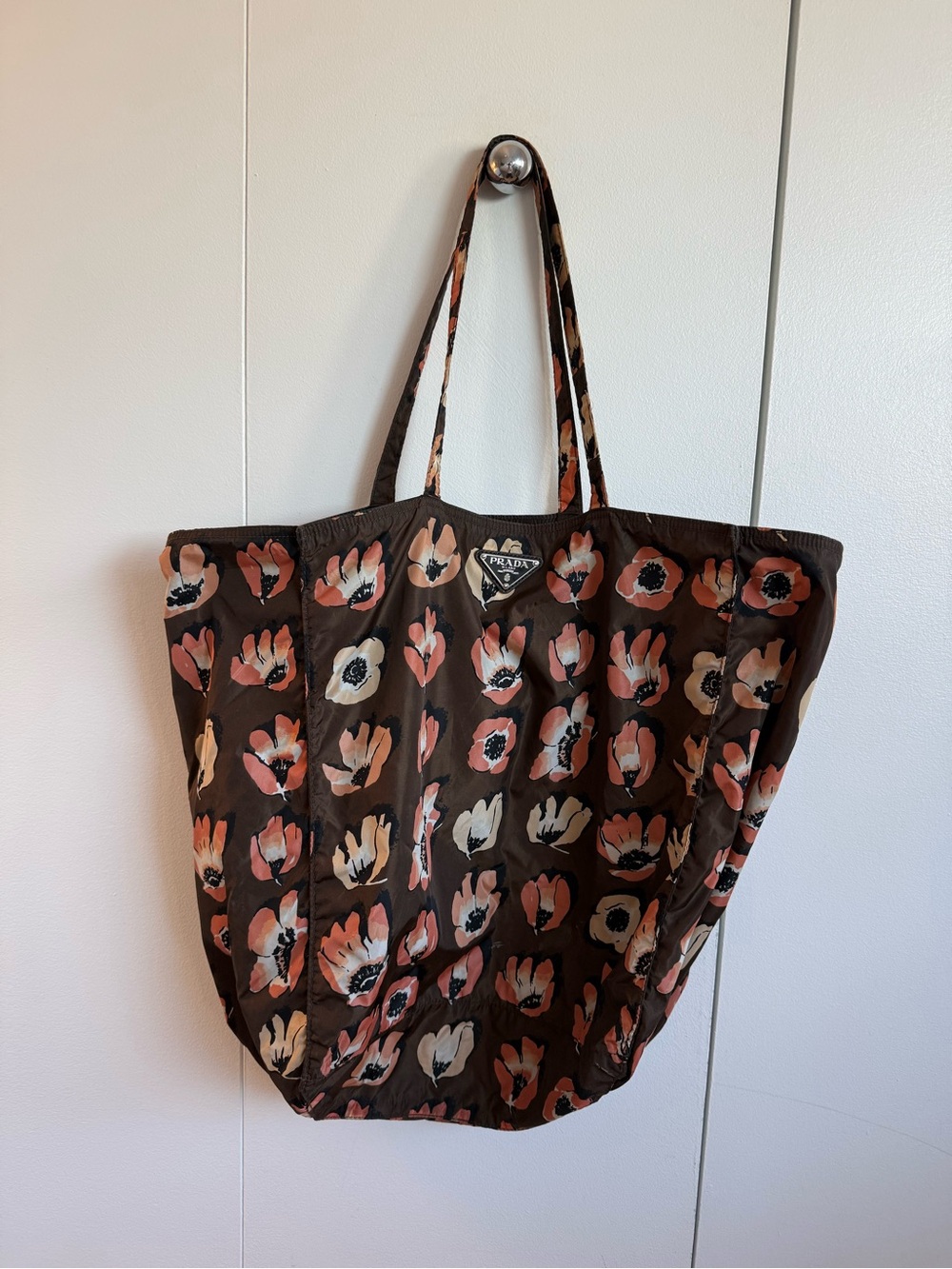 Prada Brown Tote with Pink and Cream Floral Print